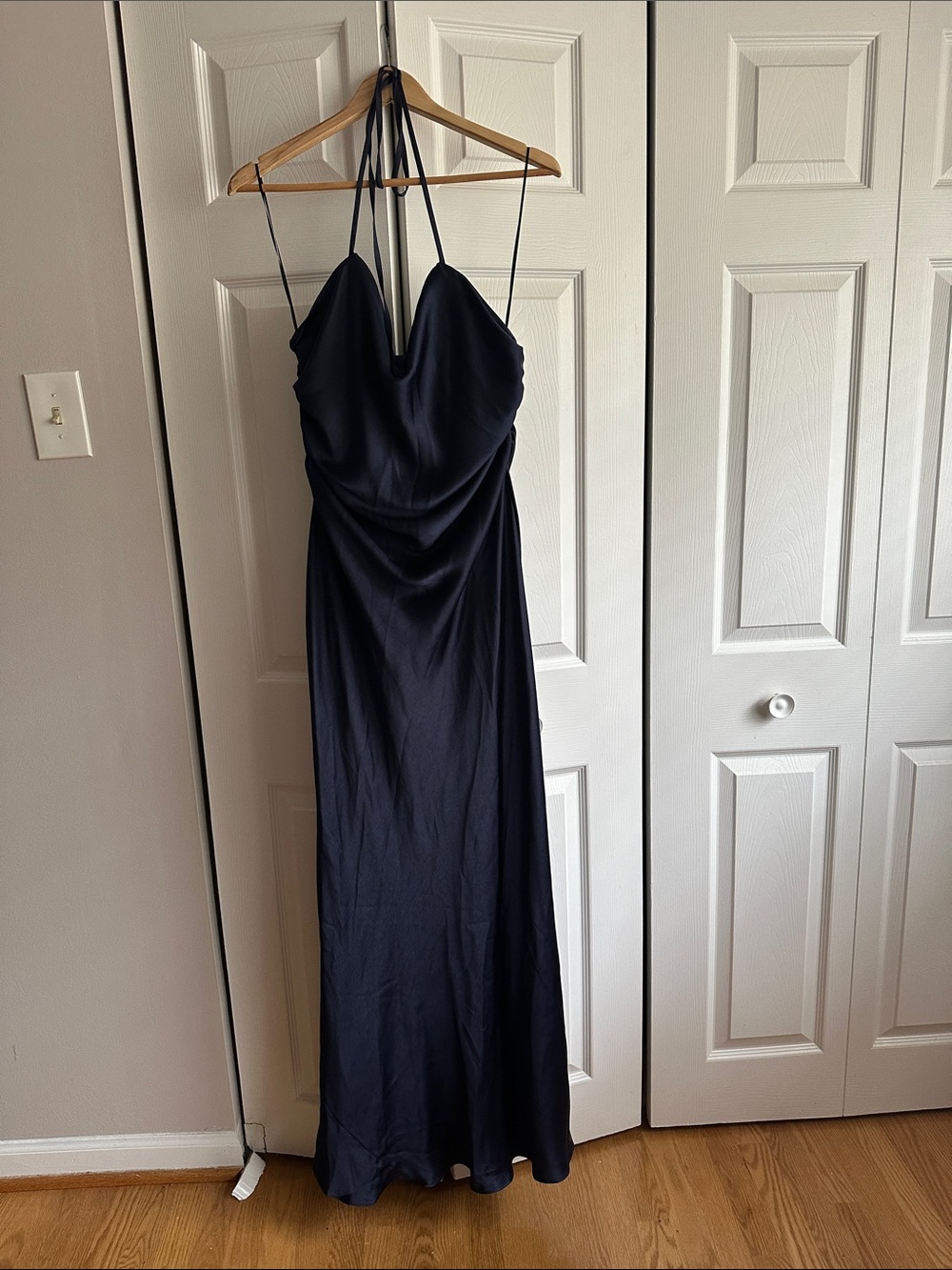BHLDN Navy Satin Halter Low Back Evening Dress